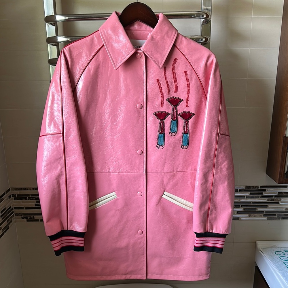 NEW Valentino Pink crinkled Embroidered Leather Women's Jacket